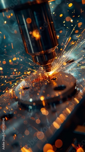 A metalworking machine is cutting through a piece of metal, creating sparks.