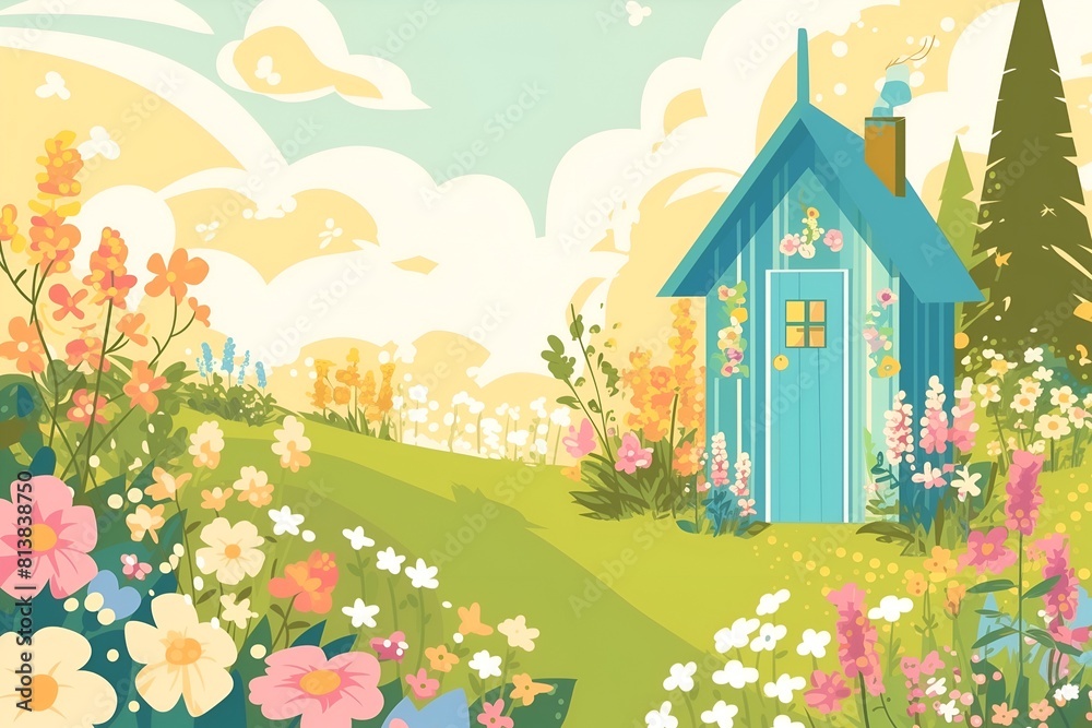 A small hut in spring landscape with blooming meadow and flowers A small hut in spring landscape with blooming meadow and flowers