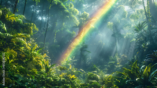 Immersive Capture of a Rainbow Glimmering Through the Verdant Canopy of a Lush Forest  Evoking a Vibrant and Surreal Atmosphere   Photo Realistic Concept