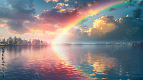Magical Rainbows and Reflections Enhancing River Beauty   Photo Realistic Concept of Multiple Vibrant Rainbows Casting Reflections Over Wide River © Gohgah