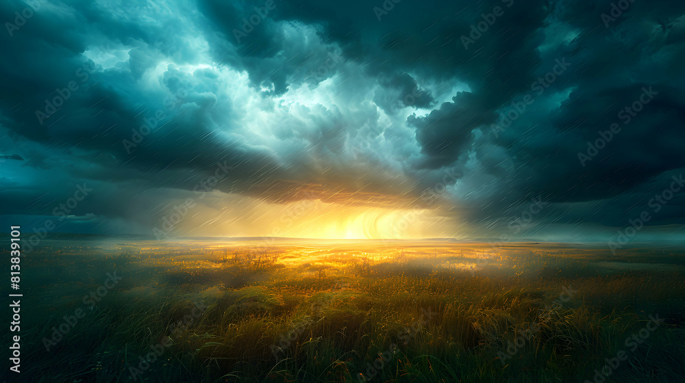 Photo realistic as Rolling Thunder Over Prairie concept capturing the freedom and wildness of nature in vast prairie lands under the spell of rolling thunder | Photo Stock Concept