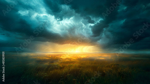 Photo realistic as Rolling Thunder Over Prairie concept capturing the freedom and wildness of nature in vast prairie lands under the spell of rolling thunder   Photo Stock Concept