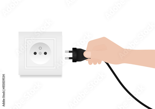 Hand Connecting Plug into Electric Socket. Save Energy and Electricity Concept. Vector Illustration. 