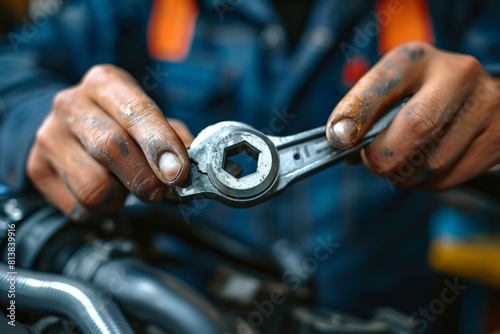 Mechanic replacing car parts  Close view of oily hands holding wrench  mechanical parts in background. Vivid portrayal of manual labor  expertise in automotive repair.