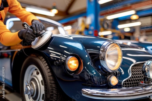 Mechanic polishing a car, Close-up of mechanic buffing classic car's headlight, hand in black glove holds polisher, highlighting craftsmanship and auto detailing.