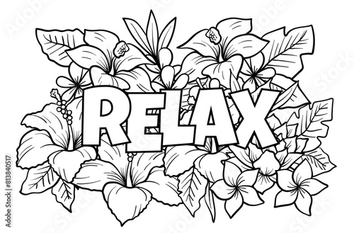 Stress relief coloring book page for adults with floral pattern in doodle sketch style. Relaxation coloring page with botanical leaf and flower decoration. Hand drawn spring line art vector background