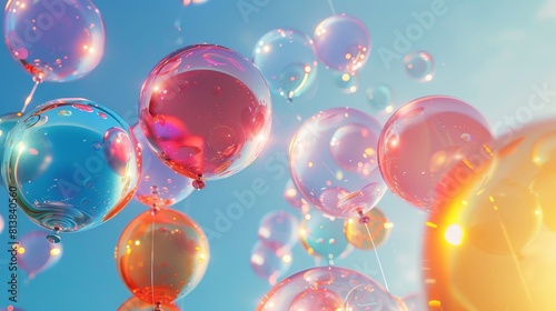 A series of colorful, spherical balloons floating against a clear blue sky, each one perfectly round and reflecting the sunlight in a delightful display of colors.