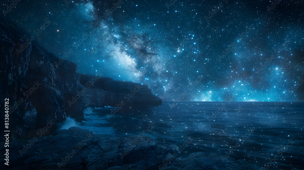 Rugged Coastal Cliffs: Stars Twinkling Above, Land vs Cosmos Photo Realistic Concept Rugged Coastal Cliffs: Stars Twinkling Above, Land vs Cosmos Photo Realistic Concept