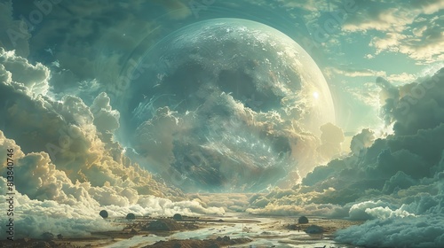 A surreal scene featuring a celestial body in the shape of a hemisphere, hovering over a terrestrial landscape, blending the boundaries between the heavens and the Earth.