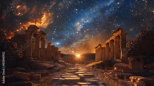 Photo realistic as Stars Over Historical Ruins concept as Ancient ruins bask under a star filled sky connecting historical grandeur with the timeless universe. photo