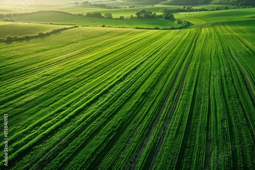 lush verdant green agricultural fields stretching to the distant horizon a birds eye view of natures abundant bounty aerial landscape illustration vibrant healthy crops