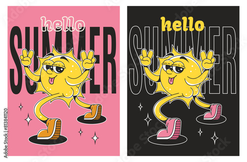 Hello summer text. Retro posters in trendy groovy style. Vector illustration summer greeting card.