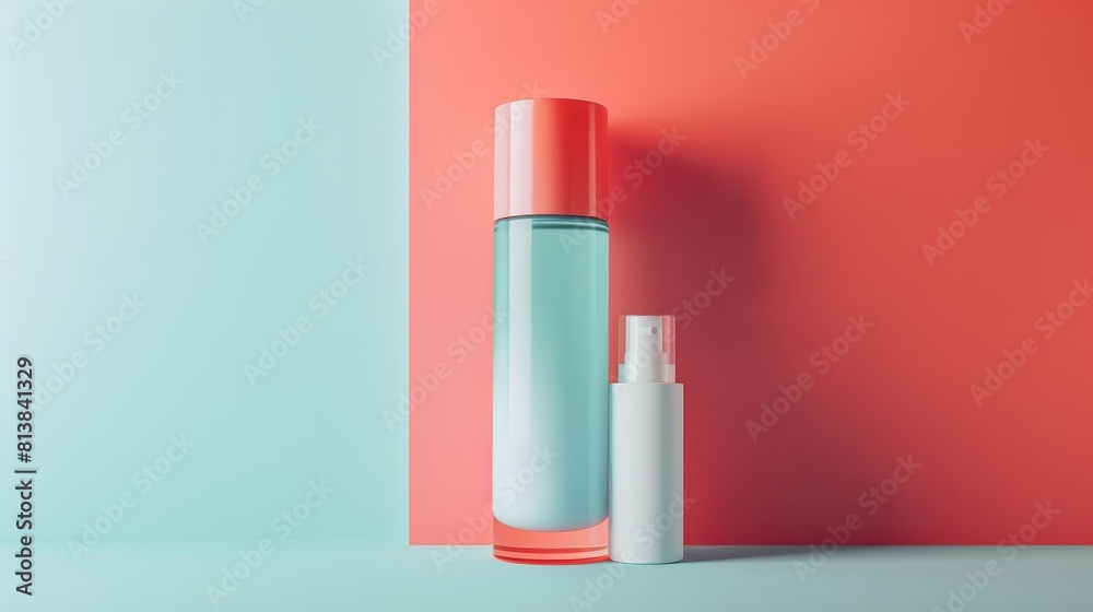 Perfectly lit close-up of a deodorant roll-on and spray bottle, presented on an isolated background, showcasing the sleek design Perfectly lit close-up of a deodorant roll-on and spray bottle, presented on an isolated background, showcasing the sleek design