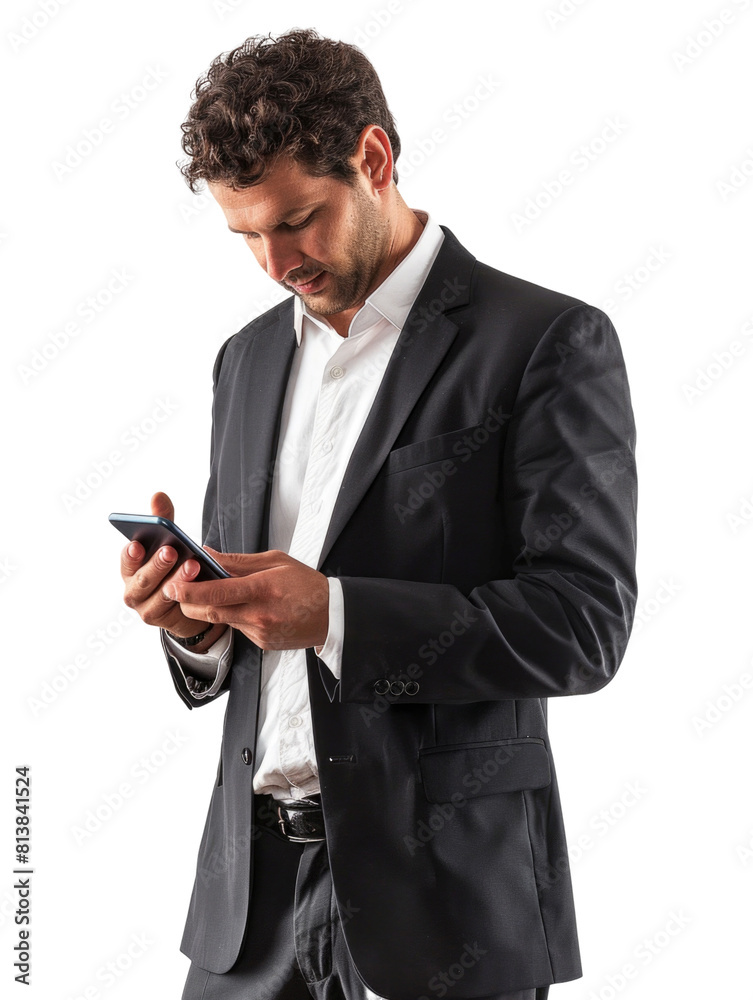 Business man using smartphone for messaging communication transparent background Business man using smartphone for messaging communication transparent background