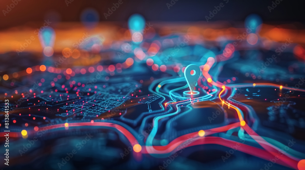 3D rendering of the technology used in GPS, map locations, future transportation logistics, route path concepts, and GPS points. 3D rendering of the technology used in GPS, map locations, future transportation logistics, route path concepts, and GPS points.