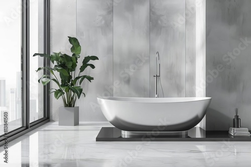 luxurious trendy bathroom interior with sleek polished stainless steel and elegant marble or travertine accents minimalist modern design illustration clean lines and shapes