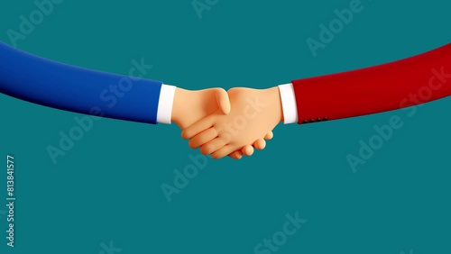 Handshake 3d cartoon hands. Handshake of blue and red hands. Looping animation with alpha channel.