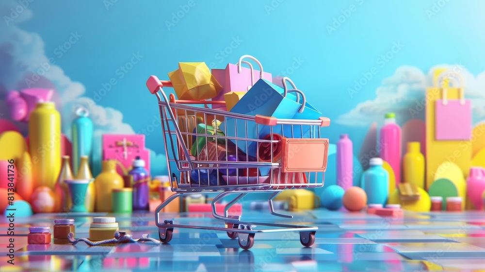 An illustration of a virtual shopping cart filled with various products, symbolizing the concept of e-commerce and online shopping. An illustration of a virtual shopping cart filled with various products, symbolizing the concept of e-commerce and online shopping.