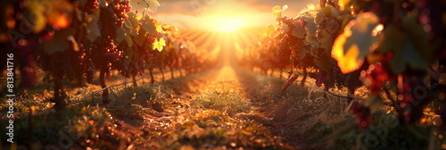 Breathtaking Photo Realistic Sunset Over Vineyards Concept: Rows of Vines Bathed in Golden Hues Ready for Harvest © Gohgah