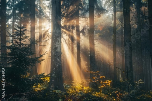 magical forest scene with sun rays filtering through towering tree branches nature photography