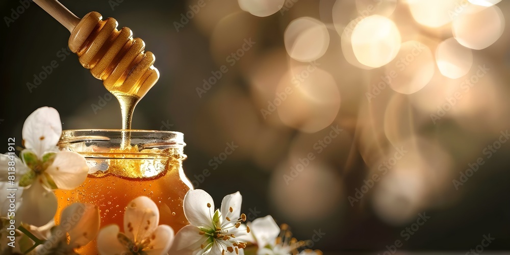 Capturing the beauty of honey dripping into a jar with flowers. Concept Food Photography, Nature Elements, Still Life, Golden Tones, Sweet Aesthetics Capturing the beauty of honey dripping into a jar with flowers. Concept Food Photography, Nature Elements, Still Life, Golden Tones, Sweet Aesthetics