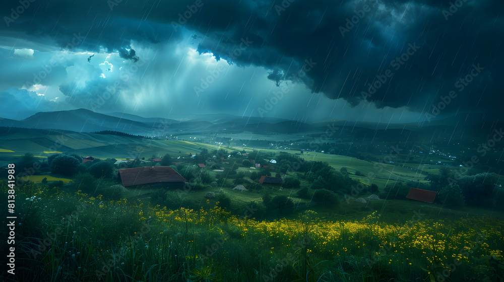A Small Village Transformed: Capturing the Power of Thunder Rolling Over the Rural Landscape in a Photo Realistic Concept A Small Village Transformed: Capturing the Power of Thunder Rolling Over the Rural Landscape in a Photo Realistic Concept