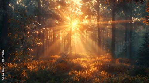 Spectacular Sunset Through Dense Forest: Capturing Rays of Setting Sun Illuminating Foliage in Warm, Photo Realistic Image for Adobe Stock Concept