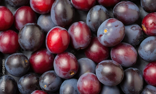 Ripe plums that are dark purple with a slight red tint, appearing to be fresh and juicy. Two bright green leaves are visible among the plums adding contrast to the image.