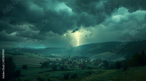 Powerful Thunderstorm Approaching Small Rural Village, Capturing Awe Inspiring Moment of Nature s Force in Photo Realistic Concept on Adobe Stock