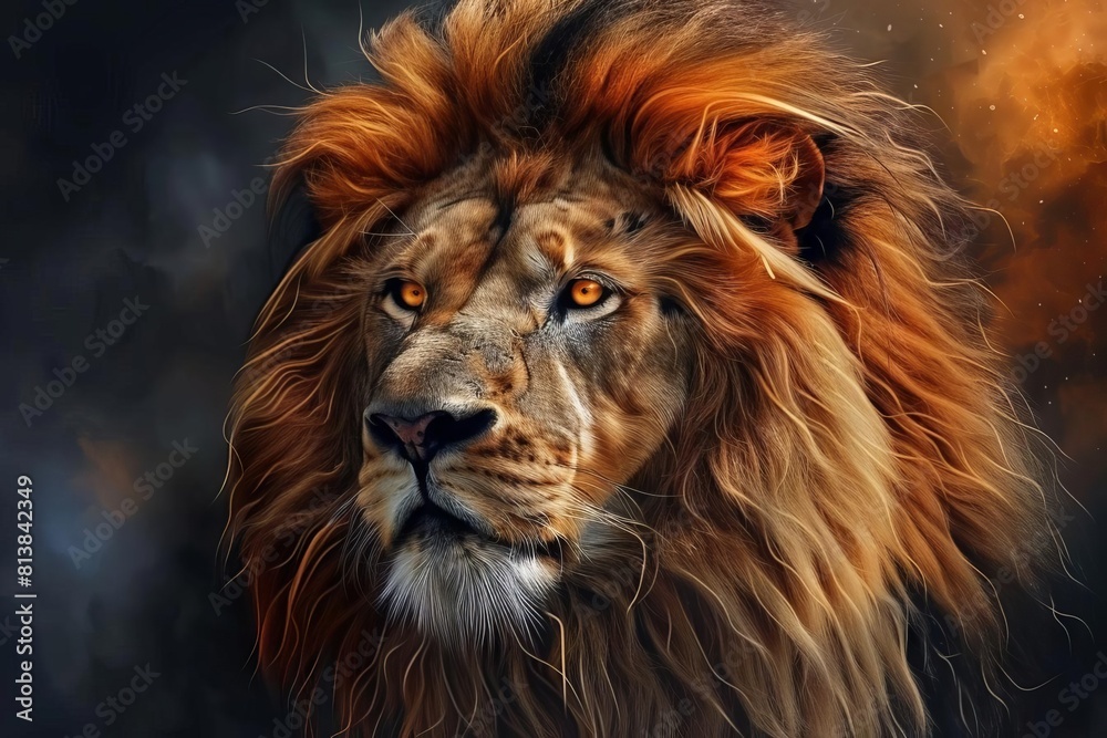majestic lion portrait with piercing eyes and golden mane realistic digital painting