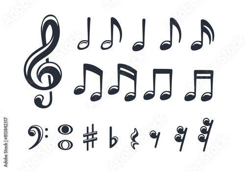 Set of monochrome images of musical notes, treble clef, bass clef, sharp, flat in a cute cartoon flat style.