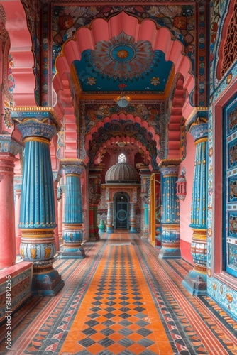 A hallway with colorful pillars and blue walls in a building, AI © starush