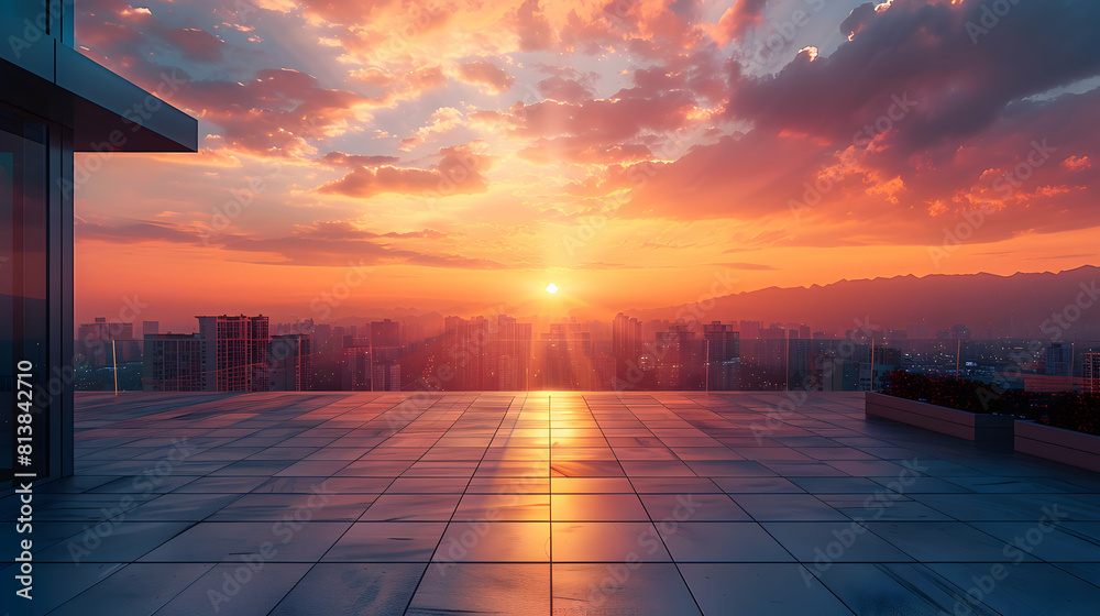 Urban Rooftop Sunset Cityscape: Fading Sun Photo Realistic View from Urban Rooftop Showcasing Cityscape Against Sunset Background