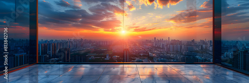 Vibrant Urban Rooftop Sunset: A photo realistic concept of a cityscape against a fading sun as viewed from an urban rooftop at dusk Stock Photo Concept