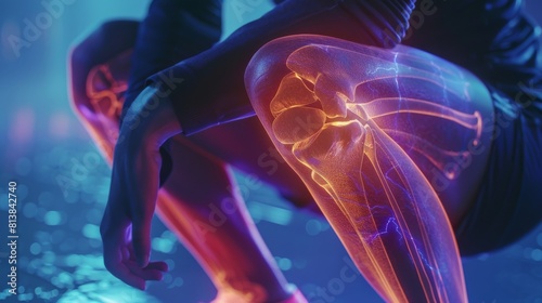 VFX Augmented Reality Render of Joint and Knee Pain. Close-Up of Person Feeling Discomfort after Leg Trauma or Arthritis. Massaging Muscles to Relieve Pain.