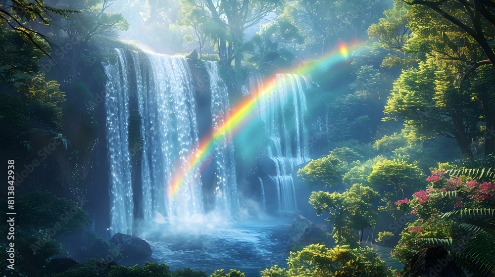 Enchanting Rainbow Mist: A Photorealistic View of a Majestic Waterfall Amidst a Lush Forest Enchanting Rainbow Mist: A Photorealistic View of a Majestic Waterfall Amidst a Lush Forest