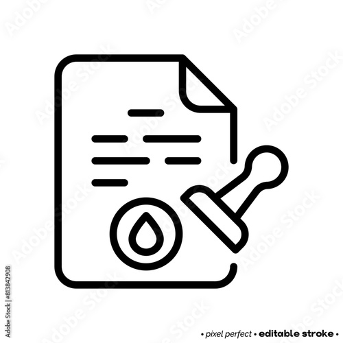 Clean water act thin line icon. Water treatment law. Water pollution. Document with water drop and stamp. Editable stroke. Vector illustration.