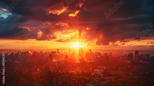 Urban Sunset Drama: Fiery Sunset Illuminating City Skyline with Dramatic Orange Glow Photo Realistic Scene in Adobe Stock Concept