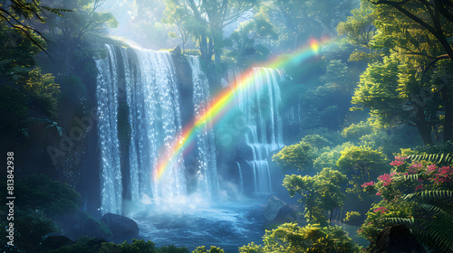 Enchanting Rainbow Mist  A Photorealistic View of a Majestic Waterfall Amidst a Lush Forest