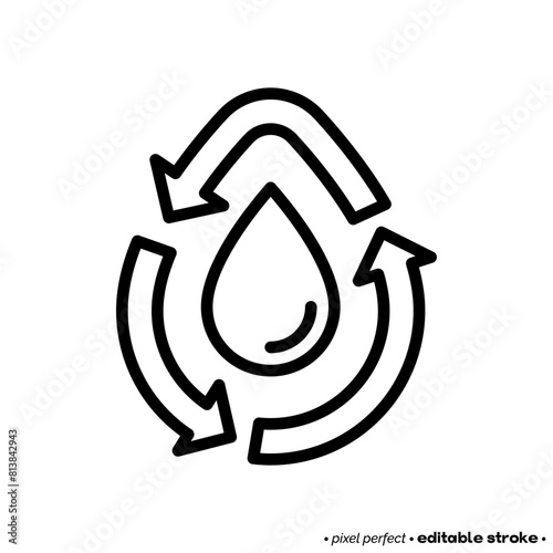 Water treatment, water drop in arrows, purification, filtration thin line icon. Editable stroke. Vector illustration.