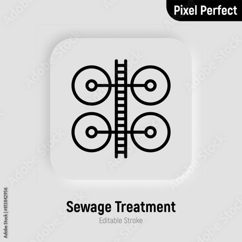 Water sewage treatment thin line icon. Industrial construction for water filtration. Pixel perfect, editable stroke. Vector illustration. (ID: 813842956)
