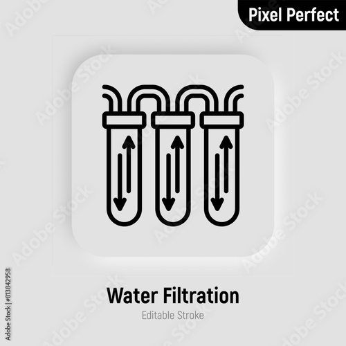 Water filtration system thin line icon. Water purification. Pixel petfect, editable stroke. Vector illustration.