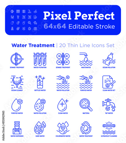 Water treatment thin line icons set: sewage treatment, water filtration, wastewater, ocean pollution, cleanup, clean water act, chlorinated, ultraviolet cleaning. Editable stroke. Vector illustration.