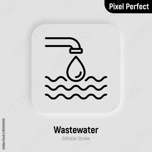 Wastewater, water pollution. Pipe with drop of water falling in sea, ocean. Pixel perfect, editable stroke. Vector illustration.