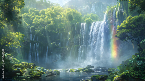 Enchanting Photo Realistic Waterfall Rainbow Mist: A Breathtaking Spectacle of Nature s Beauty with a Rainbow Forming in the Mist of a Powerful Waterfall in a Lush Forest Photo S