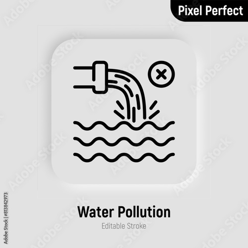 Wastewater, dirty toxic water falling in the ocean from pipe thin line icon. Editable stroke. Water pollution. Vector illustration.