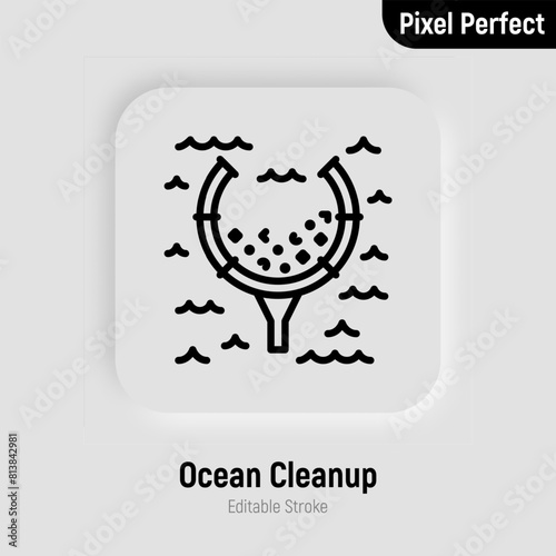 Ocean cleanup, save our oceans thin line icon. Garbage in the ocean. Editable stroke. Vector illustration. (ID: 813842981)