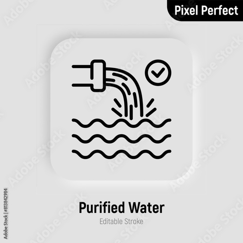 Purified water, water drain, sewage treatment thin line icon. Editable stroke. Vector illustration.