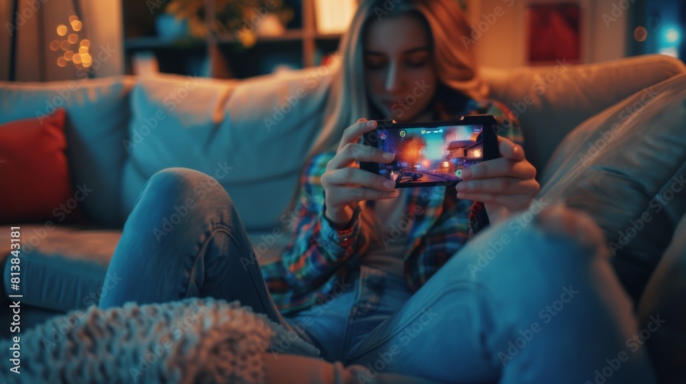 Obraz premium On a sofa in living room, a female plays an interactive PvP Shooter video game on her smartphone. A close-up POV picture of the screen of the smartphone.