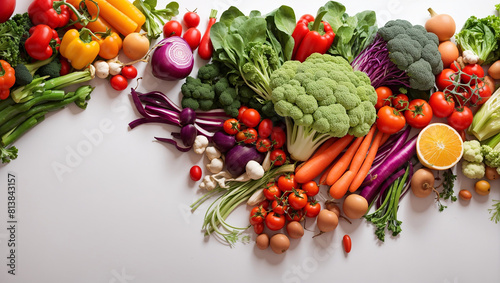 There are many kinds of vegetables and fruits on a white background. There are tomatoes  peppers  onions  carrots  broccoli  cauliflower  oranges  and lettuce.  